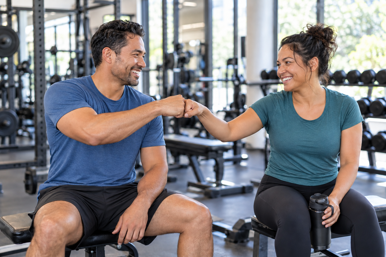 Man and woman fist bump after light workout