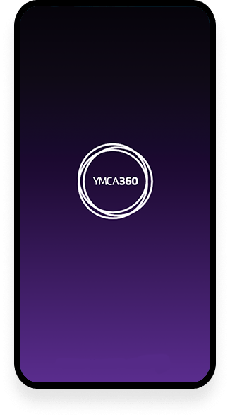 A mobile phone displaying the loading screen of the YMCA360 app. The background image shows a black to purple gradient with the YMCA360 logo within a circle. 